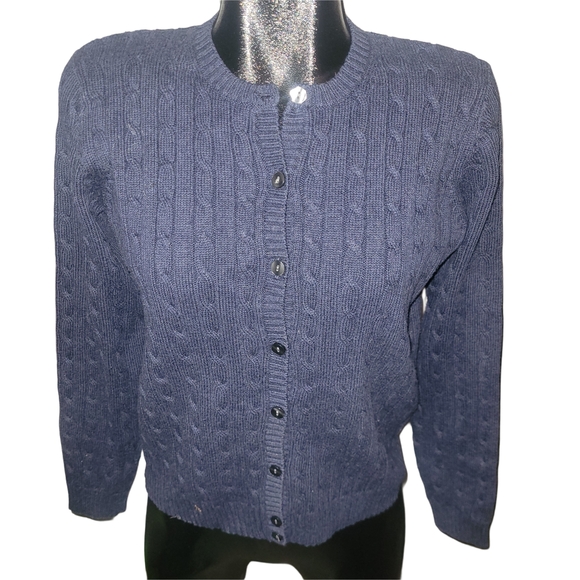 Eddie Bauer Sweaters - Eddie Bauer Navy Blue Cable Knit Button-Up Cardigan Sweater M